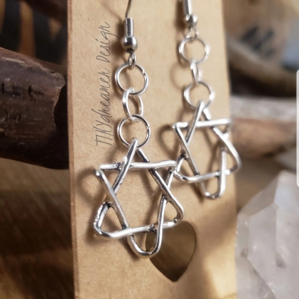 Long Dangling Hanukkah STAR of David earrings Eternity Love Knot Bat Bar Mitzvah